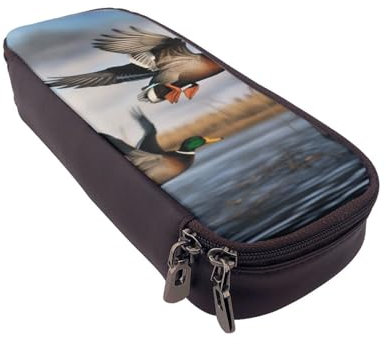 ULKMFFCF Bedrucktes Federmäppchen mit Jagd-Motiv und wilden Enten – PU-Leder für Studenten, Schreibwaren-Tasche, Stiftebox mit Reißverschluss, für Schule, Büro, Reisen und Make-up, Schwarz ,