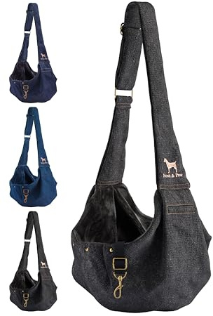 Noah & Paw Hundetragetasche für Kleine Hunde bis 10kg, Hundetasche mit Verstellbarem Schultergurt, und Weichem Fell, Doppelte Sicherheitsfunktion, Haustiere Tragetasche aus Premium Denim