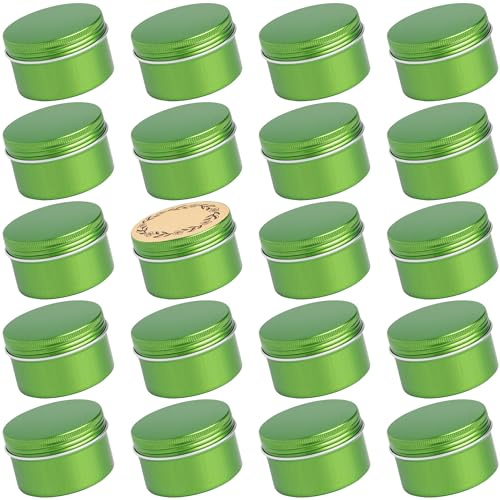 24 Pack 4oz Screw Top Aluminum Tin Jars with Screw Lids and Blank Labels - Refillable 120ml Metal Containers for Lip Balms, Candles, Salves, Spices, Crafts (Green)