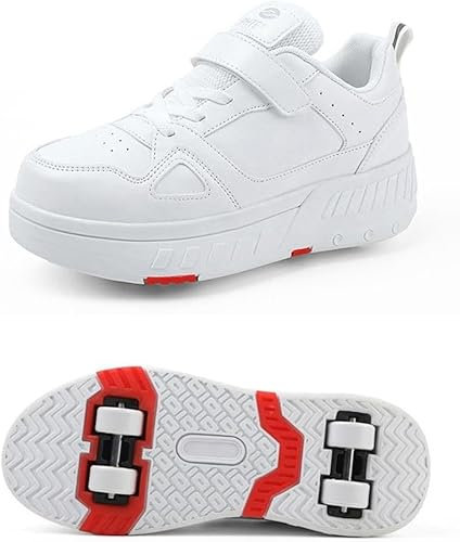 FHEIGH Schuhe Mit Rollen Versenkbarer Technischer Skateboardschuhe Sport Schuhe Kinder Rollschuhe Outdoor Turnschuhe Jungen und Mädchen 4 Rollschuhe,Weiß-38 EU