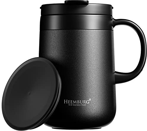 Heemburg Insulated Coffee Mug with Handle – Double Wall Stainless Steel Thermal Cup with 2 Lids, Non-Slip Base – Desk Coffee Mug for Office or Workplace, Keeps Drinks Hot for Hours (440 ml)