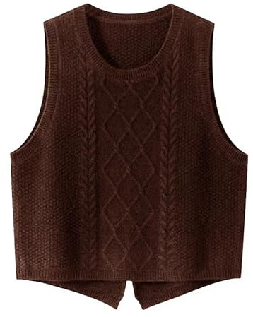 RUCPUW 100% Merino Wool Sweaters Women's Female Fall Winter Knitted Pullover Crew Neck Waistcoat Sleeveless Vest(WQ7050,Coffee,S)