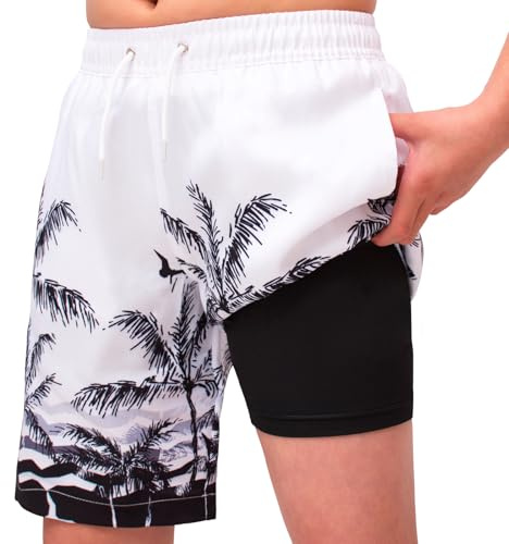MEILONGER Badbyxor pojkar 2-i-1 badshorts barn snabbtorkande boardshorts badmode simbyxor med kompression innerbyxor justerbar dragsko