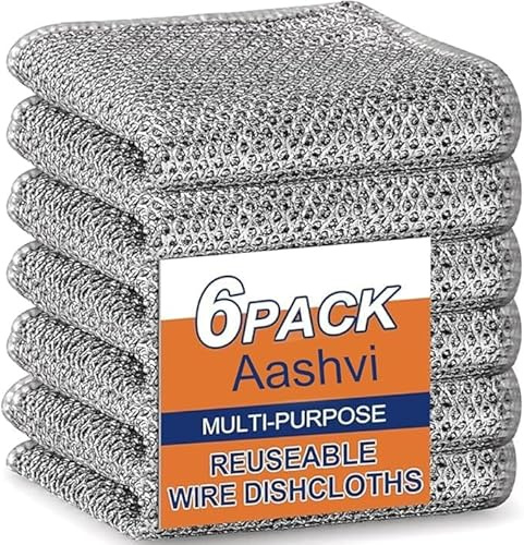 Aashvi 6 paños de alambre de doble capa para lavar platos, no rayan, multiusos, duraderos, para mojado y seco, dos capas, reutilizables, de alambre de acero, paños de limpieza para cocina y estufa (6)