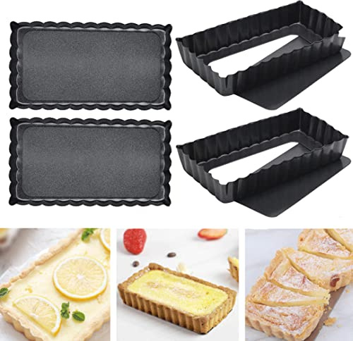PRIMEGA Lot de 4 moules à tarte rectangulaires avec fond amovible, moule à tartelette, moule à tartelette, moule à tartelette, moule à tartelette, moule à tartelette, moule à tarte (4 pièces - 11,5 x