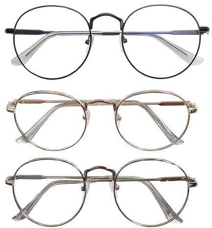 3er-Set Blaulichtfilter Brille, Rund Anti Blaulicht PC Gaming Brillen Mode Brille, Metall Blue Light Blocking Glasses, Retro Ohne Stärke Blaufilter Brille für Damen Herren (Gold+Schwarz+Silbrig)