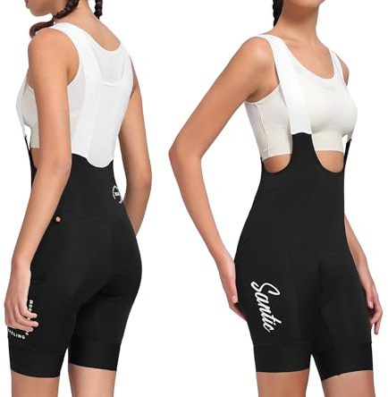 Santic Pantaloni da ciclismo da donna, imbottiti, con spalline, da ciclismo, da donna, con imbottitura 4D, Nero , L