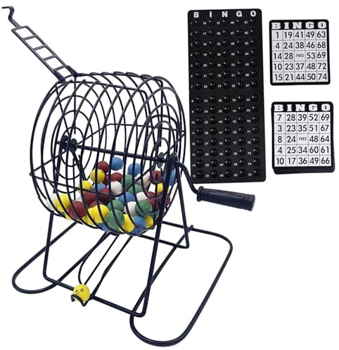 SunaOmni Bingo-Set Deluxe, lustiges Bingo-Spielset, enthält 150 Bunte -Chips, 18 -Karten, 75 -Kugeln, 8-Zoll-Käfig mit Handkurbel und Brett. -Sets für Erwachsene, große Gruppen