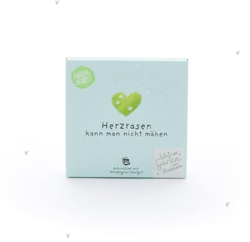 Pflanzkästchen „Herzrasen kann man Nicht mähen“ – Anzuchtset mit Weidelgras-Saatgut für die Fensterbank | Nachhaltiges Geschenk bei Herzklopfen, Liebeskummer oder als kleine Aufmerksamkeit