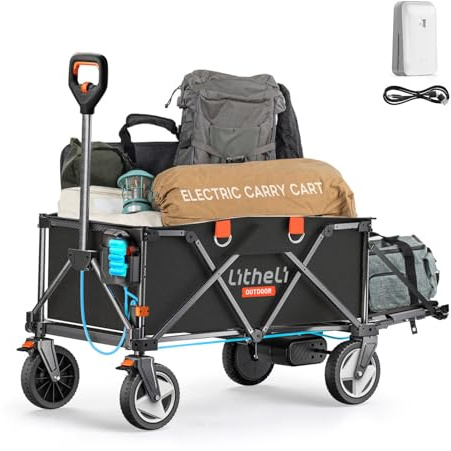LiTHELi Carrello Elettrico Bollerwagen Pieghevole, Carrello a Mano Pieghevole con Freni 200L 60KG Portata Massima, Carrello Pieghevole Adatto per Campeggio, Giardino, Acquisti, 1 Batteria (Nero)