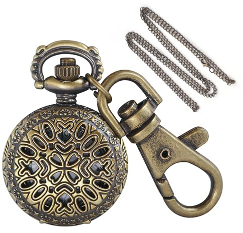 Tiong Four Leaf Clover Round Hollow Bronze Keychain Men's Quartz Pocket Watch with Chain, Arabic Numeral Scale with Chain Watch