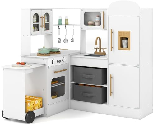 COSTWAY Kids Play Kitchen, Wooden Corner Pretend Kitchen with Lights & Sounds, Rolling Cart, Ice Maker, Microwave, Accessories, Children's Chef Role Play Set for Boys Girls
