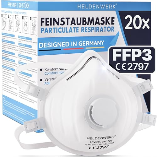 HELDENWERK® FFP3 Masque avec valve – Lot de 5, 10 ou 20 – Masque de protection respiratoire/Masque anti-poussière certifié valve de respiration – Masques anti-poussière avec bandeau arrière réglable