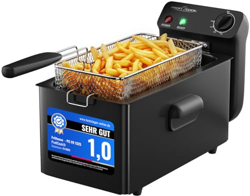 ProfiCook® Friteuse mit Fett | 130-190°C | Fritteuse mit Öl | 2000W | 3L | spülmaschinengeeignete Teile | Spritzschutz-Deckel | Kaltzonen-Fritöse | komplett zerlegbar | PC FR 1325