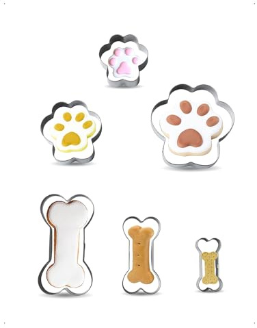 KONFEN Set di 6 stampini a forma di osso Zampa di cane in acciaio inossidabile, biscotti o snack per cani - Pasticceria per compleanni, stampini per fondente Pasticceria e dessert