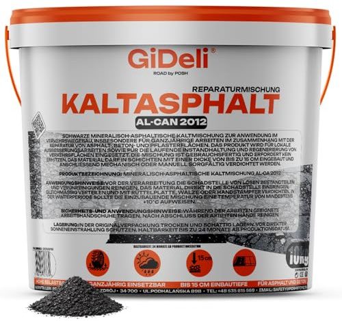 GiDeli Kaltasphalt 10kg im Eimer Schwarz - Gebrauchsfertig Asphalt Reparatur Rissfüller - mit Einer Körnung von 0-8 mm - Bitumen Anstrich - Universell einsetzbar