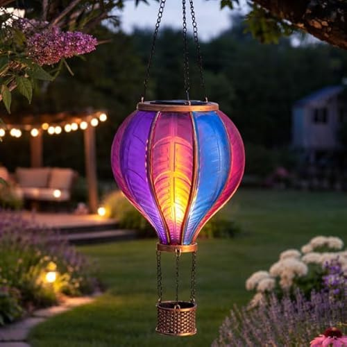 Garden Mile Solar Hot Air Balloon Light with Flame Effect Hanging Lantern | 62cm rainbow design, Waterproof LED, Outdoor garden & patio, Hanging lantern, Solar powered