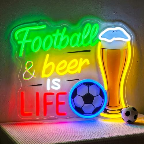 Lxmoneon Football &Beer is Life Neon Schild Fußball Neon Schild für Wand | USB Sport LED Schild Dimmbares Bier Leuchtschild für Männerhöhle Bar Schlafzimmer Party,Geschenke für Männer Jungen,35*29cm