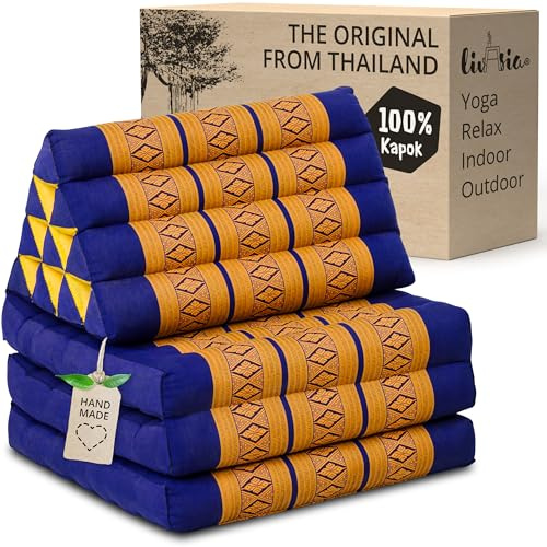 livasia Thai cushion with 3 seat rests - 69x20x3.1″ - Triangle cushion with folding mattress, Wedge cushion, kapok, Back support cushion, folding, Thai mat, folding, Hand made (Blue/Yellow)