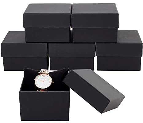 BENECREAT 6 Pack Scatola di Cartone Nera Artigianale con Cuscino Morbido, Scatola di Presentazione Superiore per Orologio e Bracciale 8.7x8.7x5.5cm