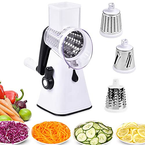 TJC Rotary Cheese Grater Handheld Vegetable Slicer with 3 Stainless Steel Drum Blades - Carrot Grater for Kitchen - Slicer Shredder for Cucumber & Nuts - Strong Suction Base & Easy to Use - White