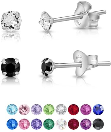 DTPsilver - 2 PAIRES de * MINI * Boucles d'oreilles/Clous en Argent Fin 925 et Cristaux de Swarovski® Elements Ronds - Diamètre: 3 mm - Couleur: Cristal Clair + Noire