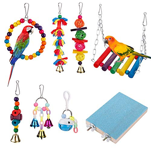MengH-SHOP Vogel Spielzeug 8 Stück Vogel Papagei Spielzeug Kauspielzeug Schaukel aus Naturholz Sitzstangen Glocke Vogelkäfig-Spielzeuge