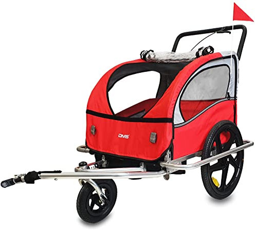 DMS® Fahrradanhänger 2 in 1 Kinderanhänger Fahrrad Anhänger Jogger Radanhänger Kinderwagen Kinderfahrradanhänger für 2 Kinder 5-Punkt Sicherheitsgurt, Radschutz FH-02 (Rot)