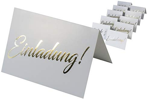 codiarts. 10 Einladungskarten + 10 Umschläge weiß, Einladung als goldene glänzende Heißprägung, Einladung für Hochzeit, Geburtstag, Firmung, Geburtstag, Party, Jubiläum (Karte A6 zum aufklappen)