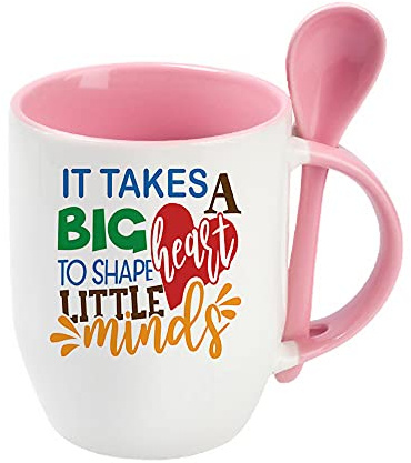 Teachers Gift - It Takes a Big Heart to Shape Little Minds Birthday Gift End of Term Thanks-Giving Coffee Tea Mug Unique Spoon Ceramic Mug. (Pink Spoon)