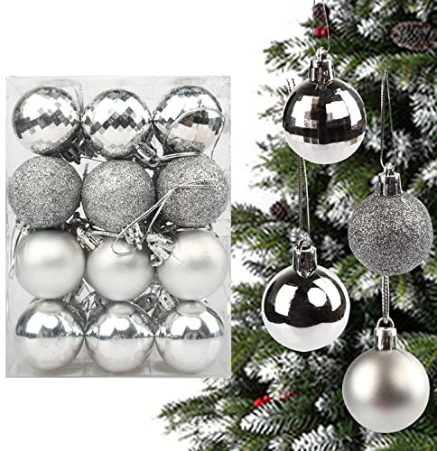Yisscen 24 Boules de Noël, ø 4cm Sapins de Noël Boule Plastique, 4 Styles Décoration de Noël Boules de Noël en Plastique, Boule d'arbre de Noël pour Noël, Mariage, Festival (Argent)