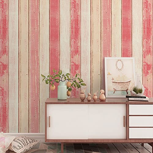 Tapete Wandpaneele KüChenfolie MöBelfolie Dekofolie Selbstklebend Folie Wand Tapeten Muster Vintage Klebetapete FüR Schlafzimmer Wohnzimmer Vertikale Streifen mit roter Holzmaserung 23.62X196.85 Zoll