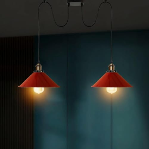 LEDSone Vintage 2-Kopf-Licht Spinnenlampe Pendelleuchte Höhenverstellbarer Metallkegel Lampenschirm Retro Industrieller Deckenleuchter mit E27-Fassung(Gebürstetes Kupfer-1) (Rot)