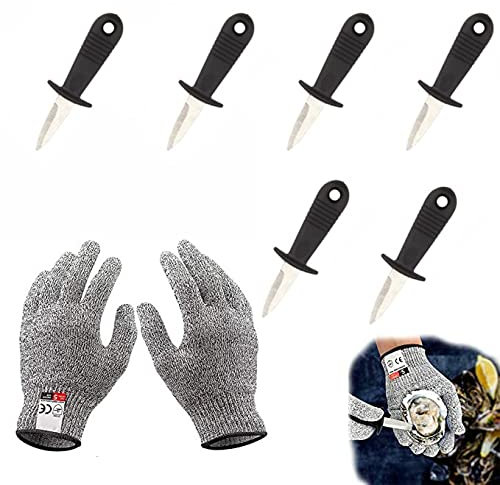 通用 Austern Werkzeuge Öffnen,Austernmesser(6 Stück)+Schnittfeste Handschuhe(1 Paar),Austernmesser und Handschuh für Austern,Jakobsmuscheln,Muscheln und Andere Schalentiere