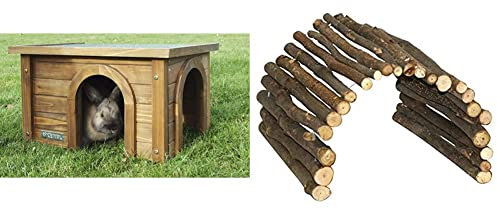 Kerbl Nagerhaus für Kanninchen (Haus aus Spießtanne, mit wetterfestem Bitumendach, Zwei Eingänge für artgerechte Haltung, für Außengehege geeignet) 82852 & Holzbrücke, groß, 30 x 50 cm