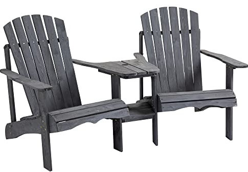 Outsunny Adirondack Gartenstuhl mit Tisch und Schirmloch 2 Sitzer Gartensessel Sitzgruppe Gartenmöbel für Balkon Massivholz Dunkelgrau 170 x 87 x 92 cm