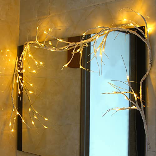 DERAYEE Decorazioni natalizie 1,8 m Ghirlanda bianca con 48 luci LED a batteria, impermeabile e illuminato, ramoscello di vite di salice per interni, casa, giardino, camino, decorazioni per feste
