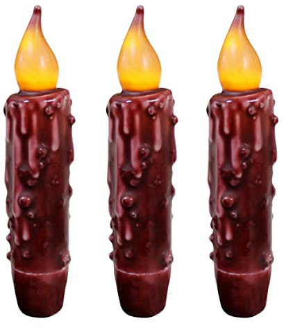 CVHOMEDECO. Echtwachs, handgetaucht, batteriebetrieben, LED-Timer, Kerzen, Landschaft, Primitive, flammenlose Lichter, Dekor, 12 cm, Burgunderrot, 3 Stück in Einer Packung