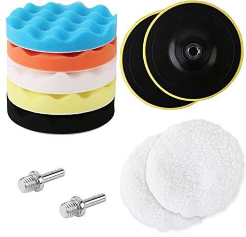 BRIMIX 11 pcs Kit de Esponja de Pulido Grandes de 15 CM 6, para pulir Coche y Motos, con Adaptador para Taladro M14 y Almohadillas de Lana para Cera