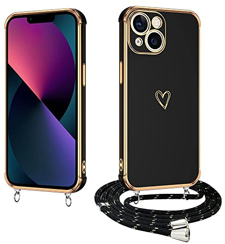 E-Lush Handyhülle für iPhone 13 Hülle mit Band, Herz Love Galvanik Silikon Handy Hülle für iPhone 13 6.3 Schutzhülle mit Kordel zum Umhängen Kameraschutz Stoßfeste Case, Schwarz