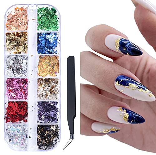 JAWSEU Nagel Pailletten Glitzer Kit, Blattgold Nailart Glitter Flitter Paillette Shiny Gold Folien 3D Nail Art Aufkleber DIY Nagel Kunst Dekoration für Gesicht Körper Glitzer