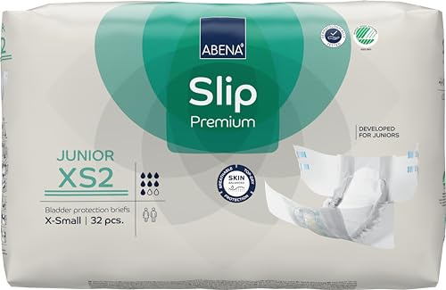 Abena Slip Premium Junior Windelhöschen, Eco-Labeled, verbesserter Auslaufschutz, sichere und bequeme Windelhose für Kinder – Größe 7/XS2, Taillenumfang 40–60 cm, Alter 5–15, 1 x 32 Stück