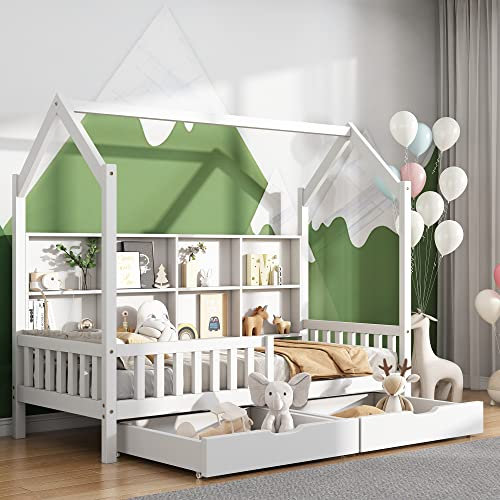 SOFTWEARY Kinderbett mit Schubladen, Lattenrost und Regal, 90x200 cm, Hausbett inkl. Rausfallschutz, Holzbett aus Kieferholz, Einzelbett, Jugendbett
