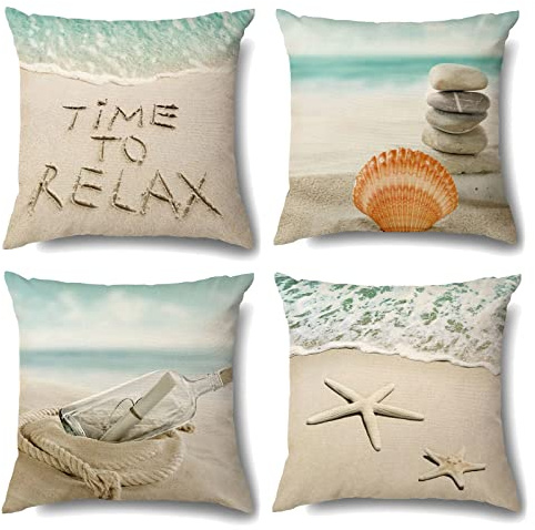 OCEUMACO Linen Cushion Covers 45 x 45 cm Set of 4 Square Quotes Summer Seaside Throw Pillow Cases 18x18 Inches Outdoor Ocean Sand Beach Theme Cushion Cover Pack for Sofa Home - Aqua Green