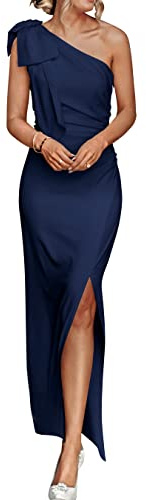 PRETTYGARDEN Women's Summer One Shoulder Long Formal Dresses Sleeveless Ruched Bodycon Cocktail Evening Slit Maxi Dress (Navy,Large)