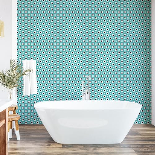 ABAKUHAUS Retro abziehbare & klebbare Tapete für Zuhause, Abstrakte Ornamente Dots, selbstklebendes Wohnzimmer Küchenakzent, 33 cm x 180 cm, Blassblau Schwarz Weiß