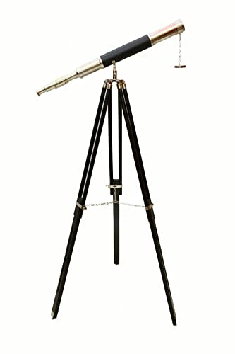 Antique Vintage Shiny Nickel Chrome Finish Telescope Nautical Leather Gifts Sail Boat with Black Wooden Standing Tripod