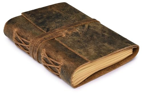 LEATHER VILLAGE Lined Vintage Paper Leather Bound Journal-260 Pages, Rustic Brown, 15 X 10 CM - Writing Notebook, Daily Notepad, Travel Diary For Women/Men