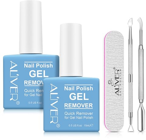 Removedor de esmalte de uñas (15 mlx2), removedor de gel profesional para uñas, no daña nuestras uñas, esmalte de gel soak-off en 2-3 minutos, con 1 empujador de cutículas + 1 rascador de esmalte de