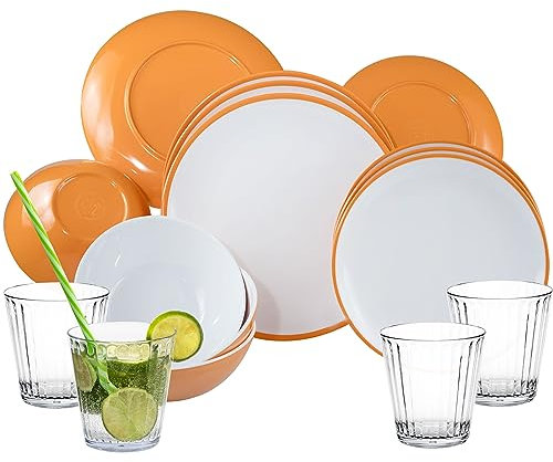 Melamin Geschirr und Acryl Glas Set für 4 Personen - 16 Teile - Campinggeschirr - gelb weiß - mit Trinkglas 360 ml klar Gläsern - Essgeschirr